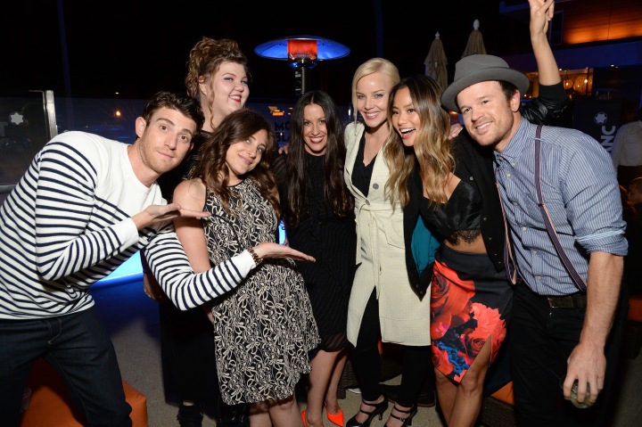 (L-R) Actor Bryan Greenberg, guest, actress Ashley Fink, singer-songwriter Alanis Morissette, actresses Abbie Cornish and Jamie Chung and singer-songwriter Andy Davis attend Montblanc and Urban Arts Partnerships 24 Hour Plays in Los Angeles at The Shore Hotel on June 20, 2014 in Santa Monica, California. (Photo by Michael Kovac/Getty Images for Montblanc)