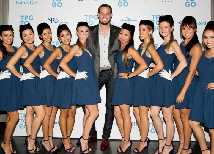 Brian Kelly, "The Points Guy," with his crew of hostesses dressed as flight attendants for his "TBG to Go" App launch party at the W Loft in Hollywood 